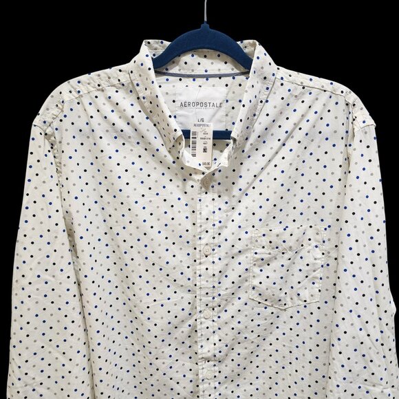 Aeropostale Men’s L Shirt White Blue Dot Button Front Long Sleeve Cotton - Picture 2 of 7